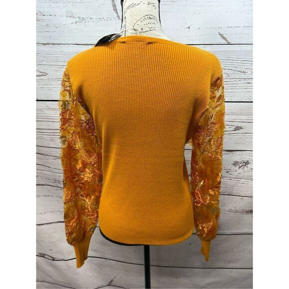 Siani Milano Women's Mustard Yellow Ribbed Lace Sleeve Sweater Size S - Picture 2 of 5